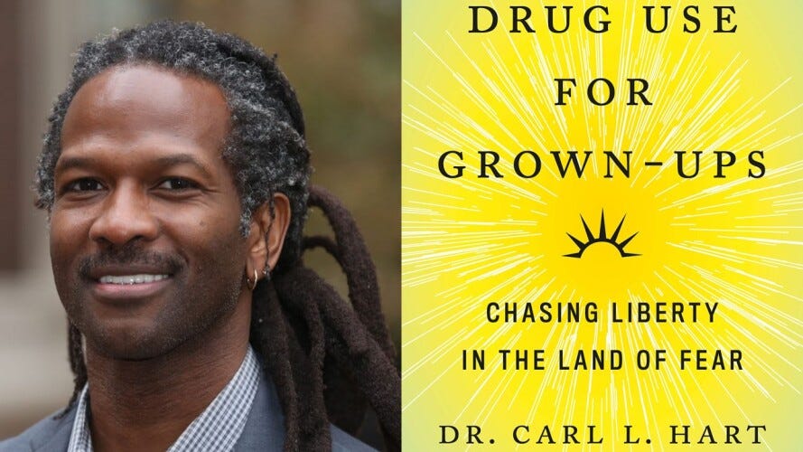 Joint image of a headshot of Dr. Carl Hart and the cover of his book Drug Use For Grown-Ups.