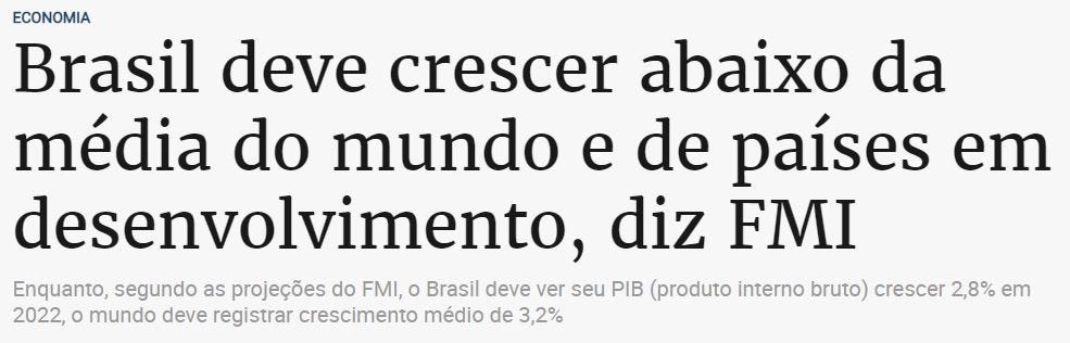 Recorde de manchete  de jornal que diz Brasil deve crescer abaixo da média do mundo e de países em desenvolvimento, diz FMI