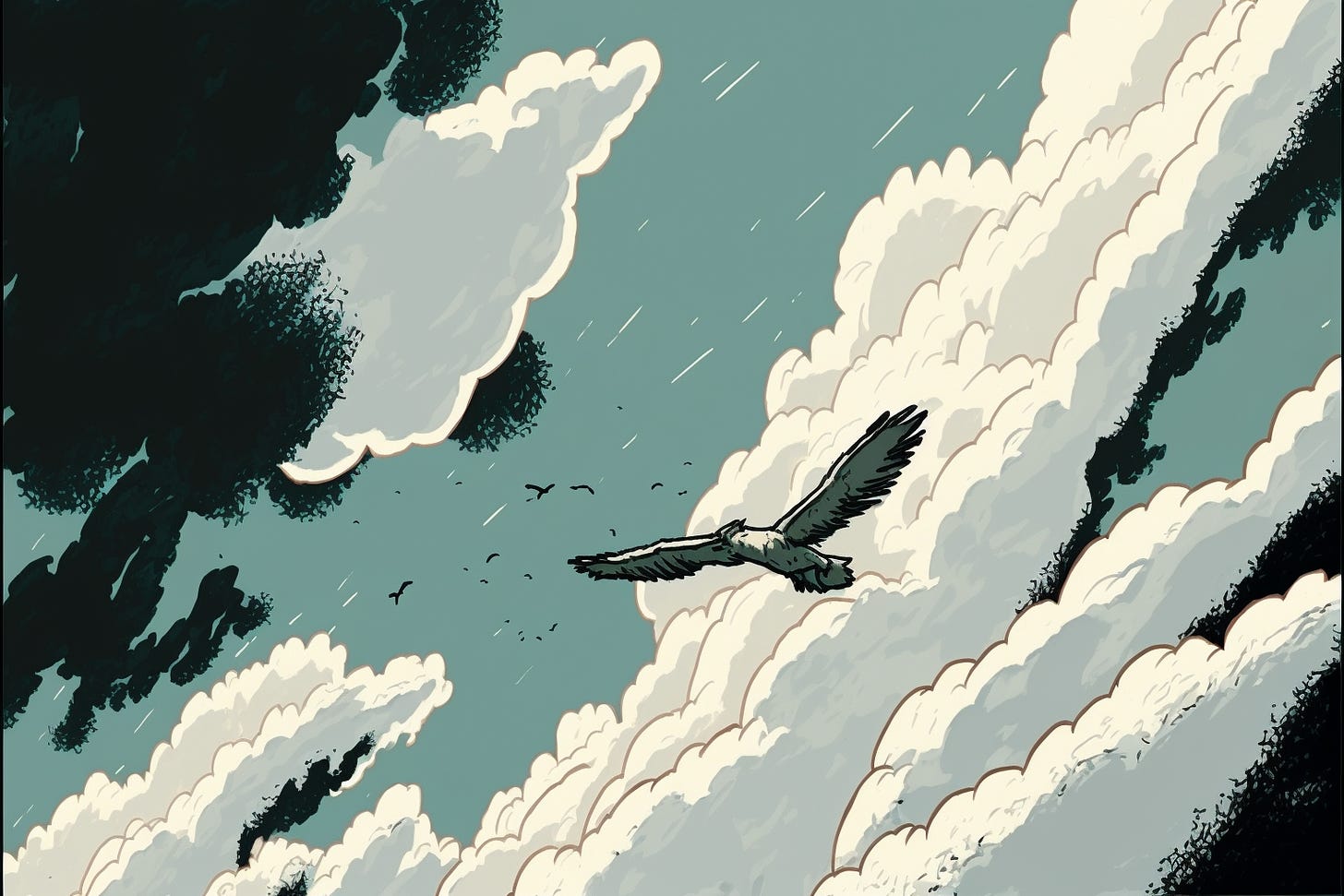 a small loney bird in the distance flying through clouds, graphic novel