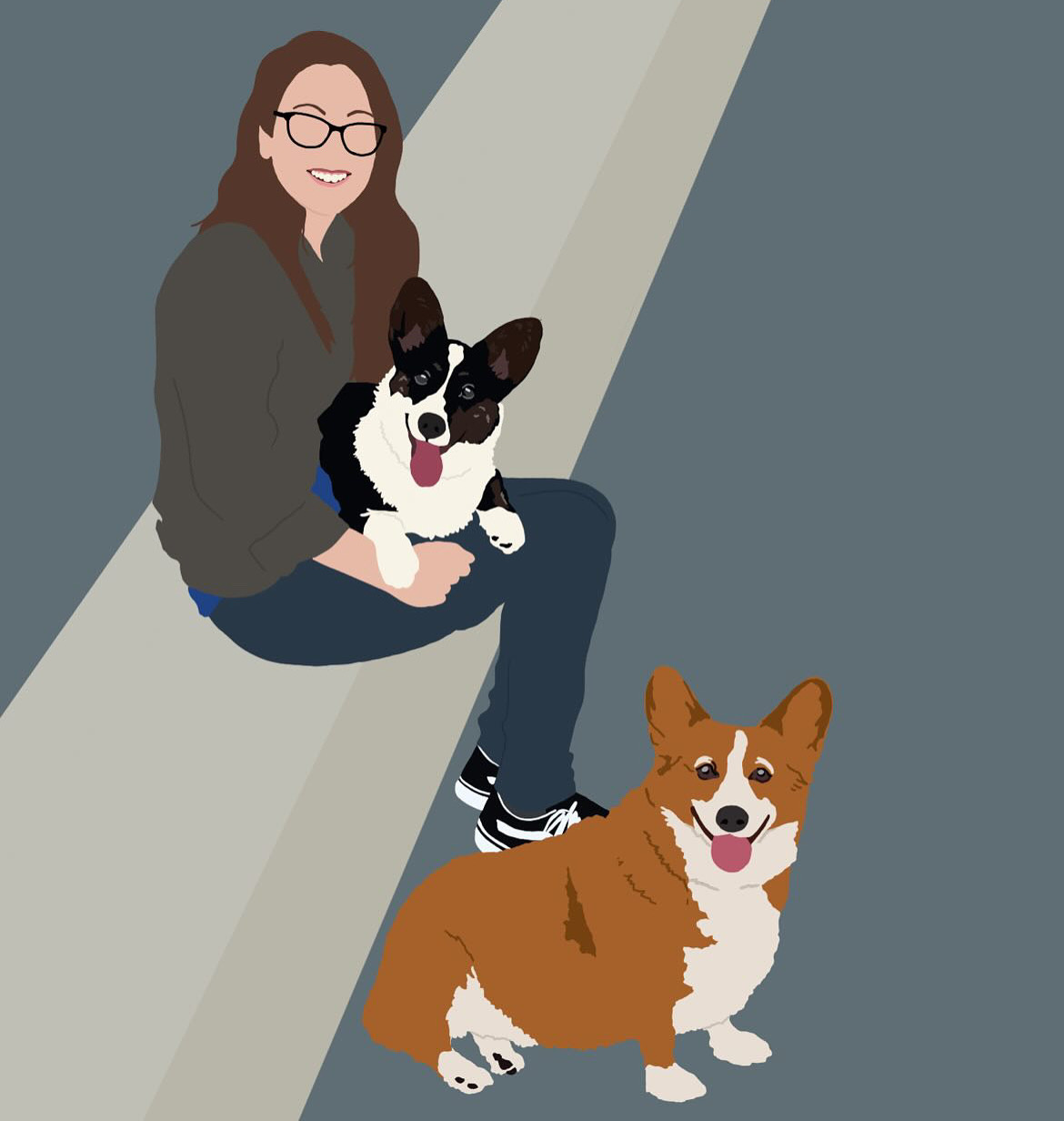 an illustration of Kendra, a brunette white woman with black glasses, Dylan, a read and white Pembroke Welsh Corgi, and Gwen, a black and white cardigan Welsh Corgi