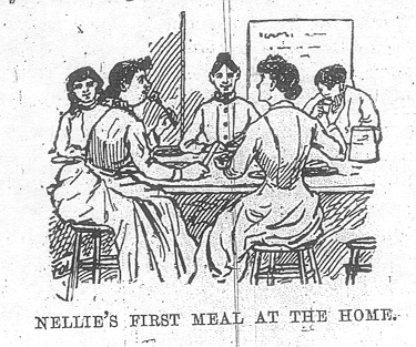 Nellie's First Meal at the Home; illustration from Ten Days in the Mad-House