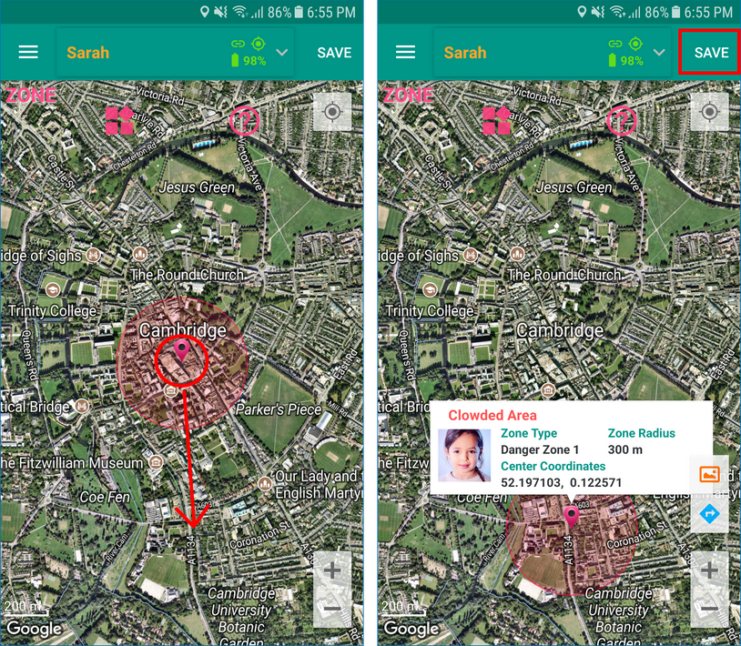GeoFamily Controller App User Saves Moved Zone - Screen | GPS Tracking App