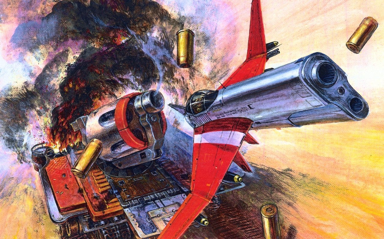 Promotional art for Gun Frontier, featuring the player's ship flying away from a target is just destroyed: both vehicles are very obviously modeled after handguns.