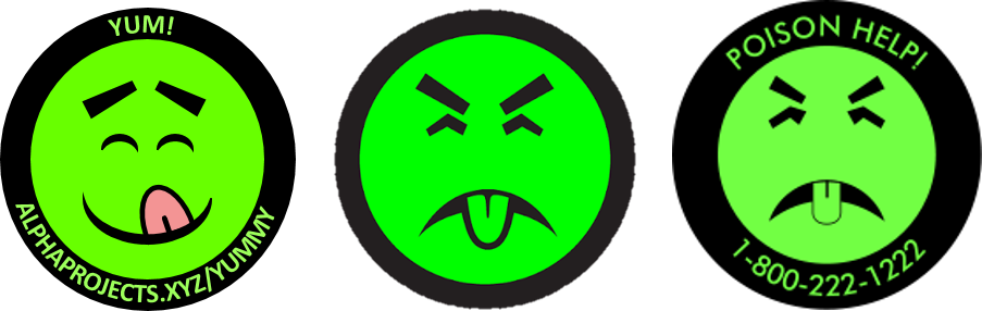 Final product of "Dr. Yum" sticker with a green face sticking its tongue out on the left while the original Mr. Yuk sticker is on the left