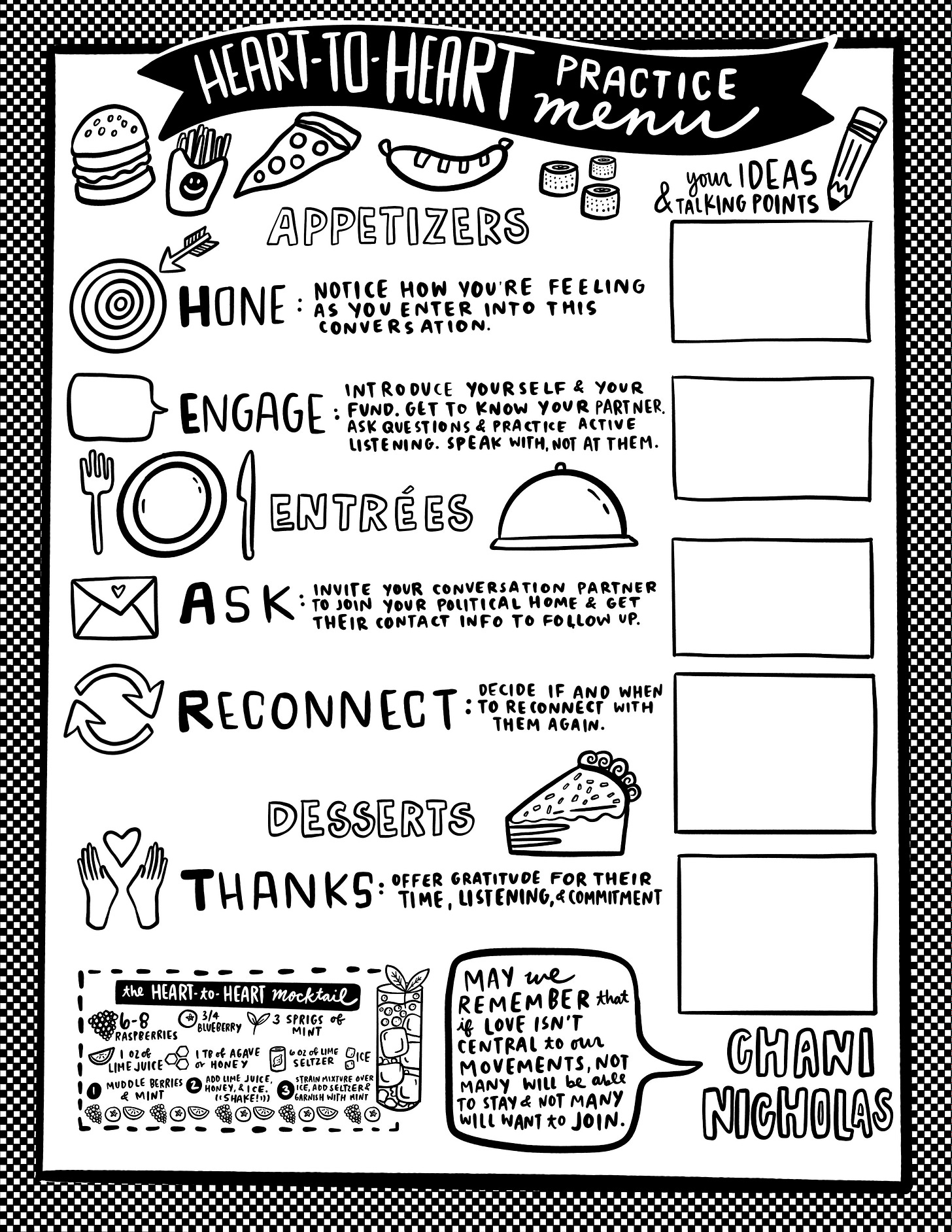 A hand-drawn illustrated worksheet made to look like a diner menu on talking about abortion