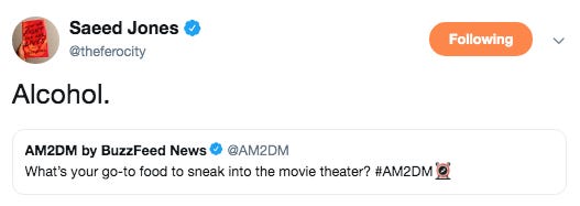 Screenshot of a funny tweet about movie snacks
