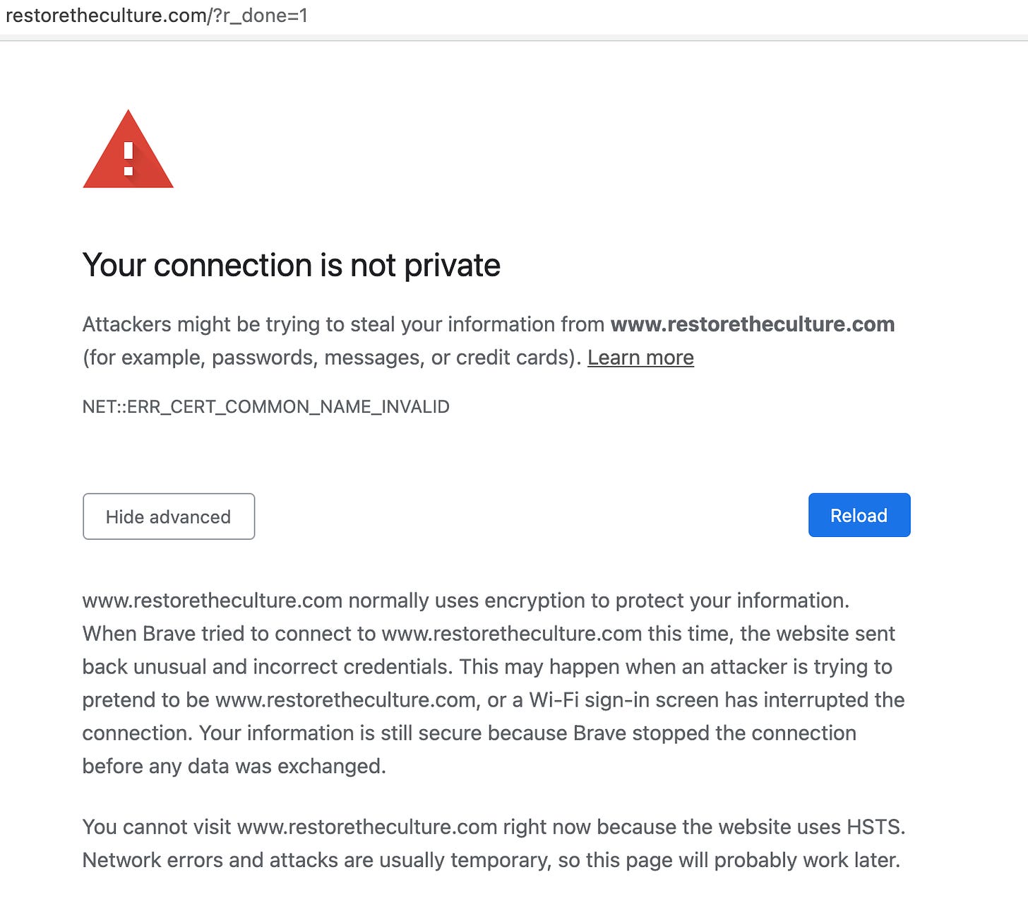 https://restoretheculture.com is under coordinated internet attack as of 8:40 p.m. CDT on May 2, 2021