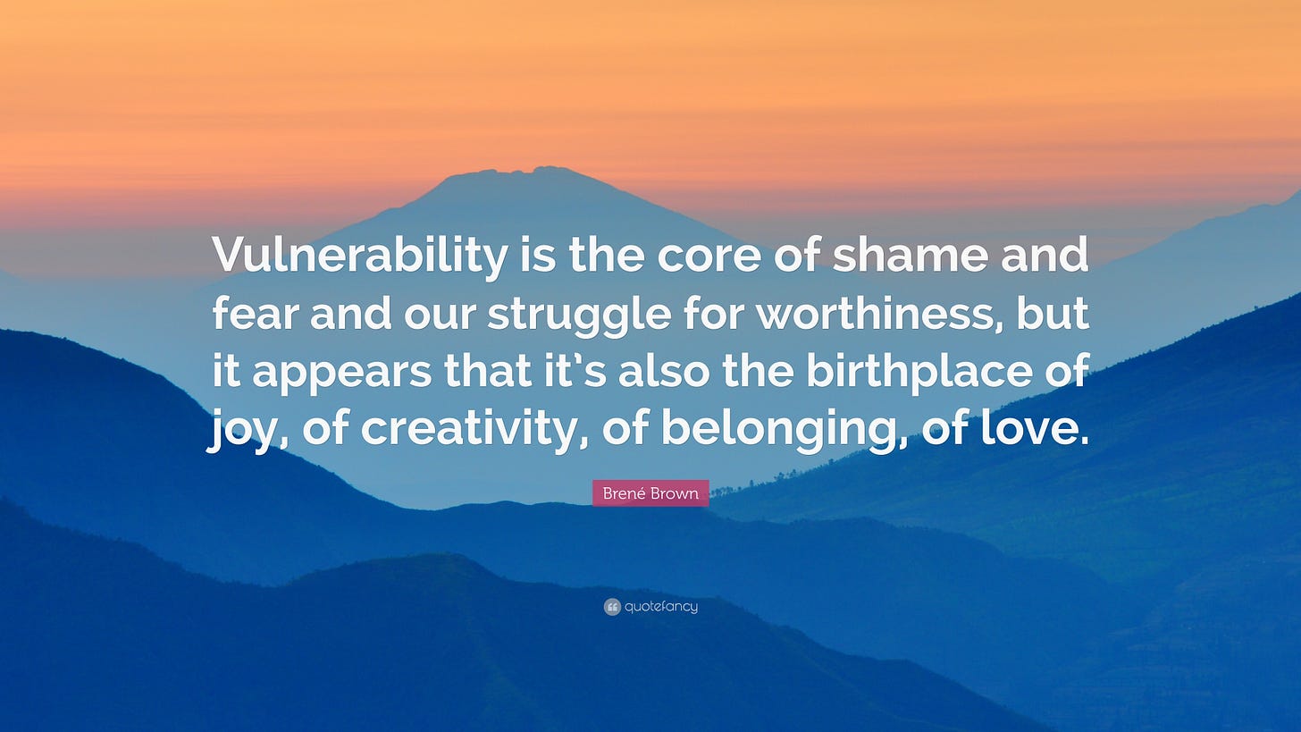 Brené Brown Quote: “Vulnerability is the core of shame and fear and our  struggle for worthiness, but it appears that it&#39;s also the birthplac...”