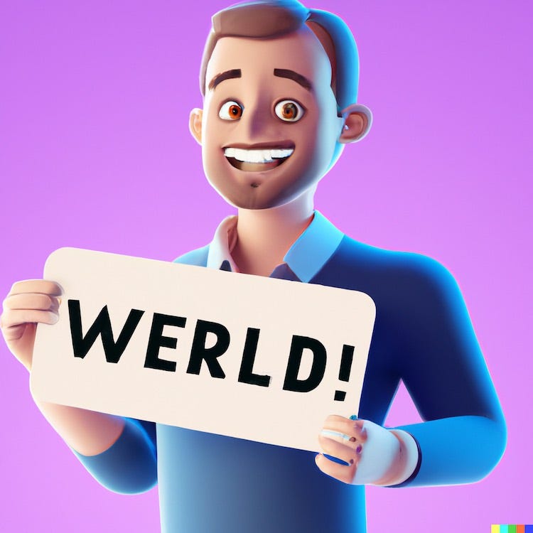 A man holding a misspelled sign saying 'WERLD!'