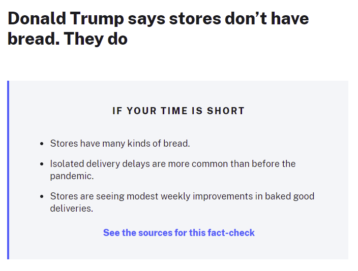 Snip from PolitiFact about Donald Trumps quote on bread