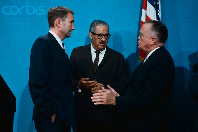 At The White House, on June 21st, where President Johnson addressed members of the National Council on Crime and Delinquency are from left to right: J. Edgar Hoover, FBI Director; Thurgood Marshall, Supreme Court Justice Designate; and Ramsey Clark, Attorney General.