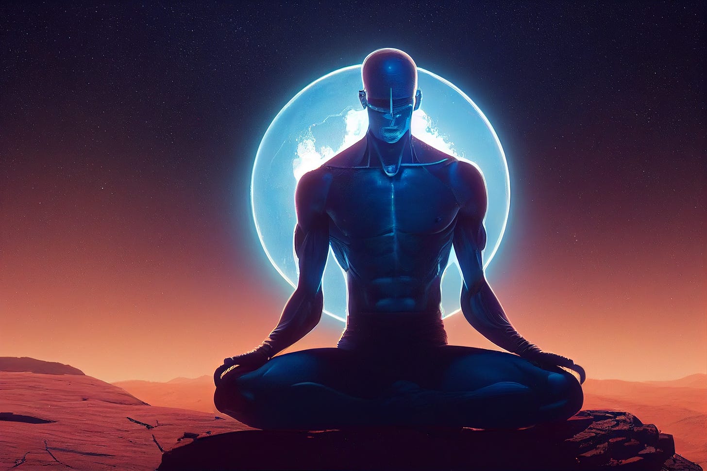 Watchmen, Dr. Manhattan sitting, meditate on the Mars, detailed body, detailed skin, landscape, wide shot, vivid space, intricate details, insanely detailed, epic modern, hdr, 4k, photo realistic, unreal engine 5, dramatic lighting, cinema photography, sharp focus