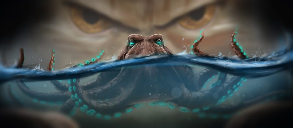 Fantasy, Octopus, Sea, Eyes, Green Eyes, Tentacles, Art