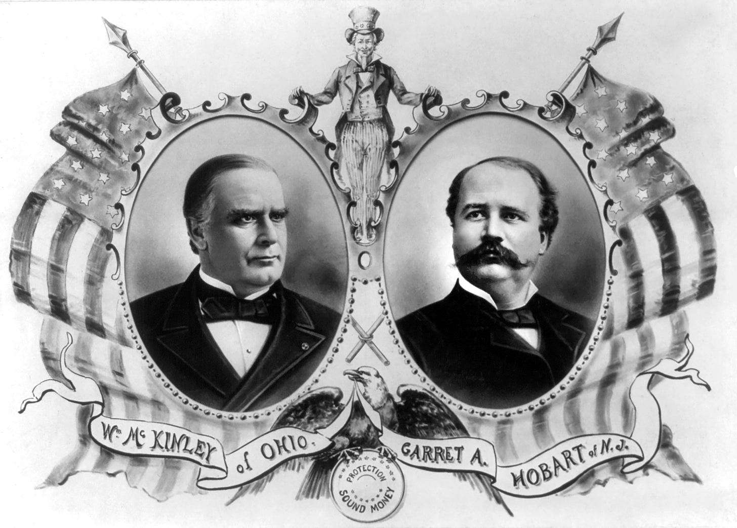 William McKinley and Garret A. Hobart, presidential election banner, 1896. (Photo by: Glasshouse Vintage/Universal History Archive/Universal Images Group via Getty Images)