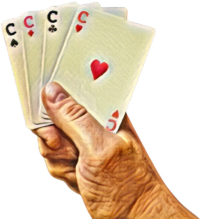 A hand holding four cards all labeled with a c