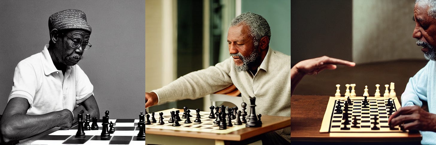 Film still of elderly black man playing chess, medium shot, mid shot 