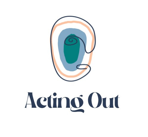 acting out logo: abstract minimalist doodle with blue, orange, and teal line work