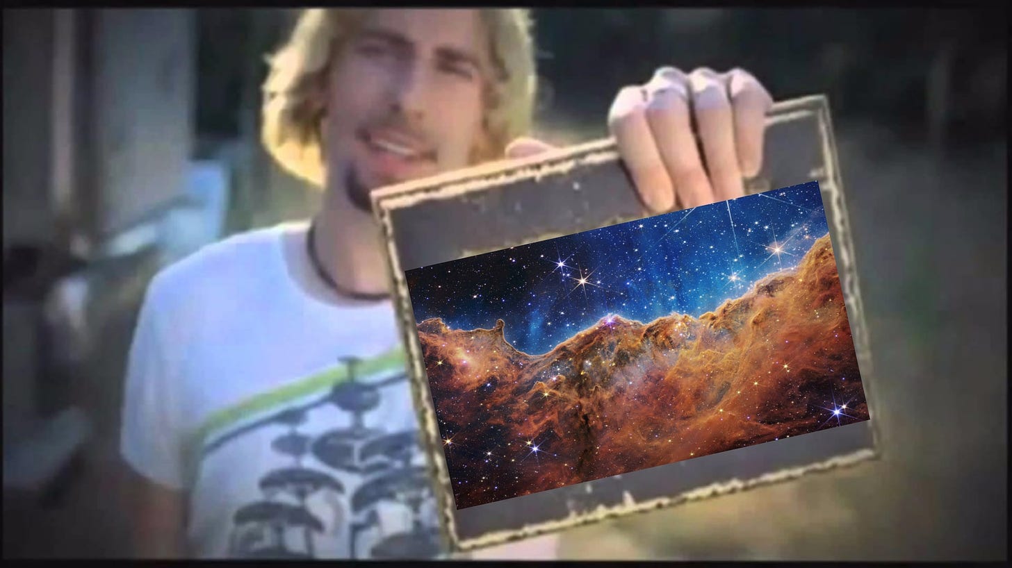 Classic meme screenshot from the Nickelback song photograph, with the image of the Carina Nebula edited in