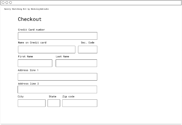 A sketch of a checkout page, including Card number, Name on Card, First Name, Last Name, Address, and more.