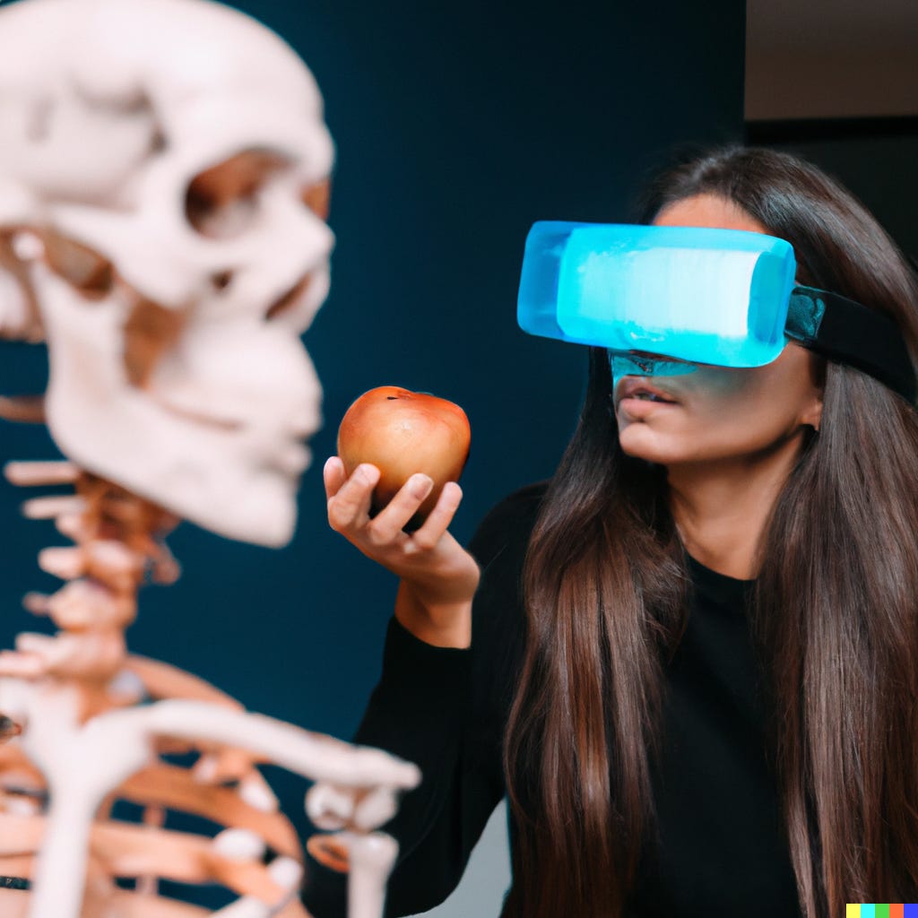 A woman wearing a glowing augmented reality headset, appearing to look at an apple with a skeleton in the foreground.