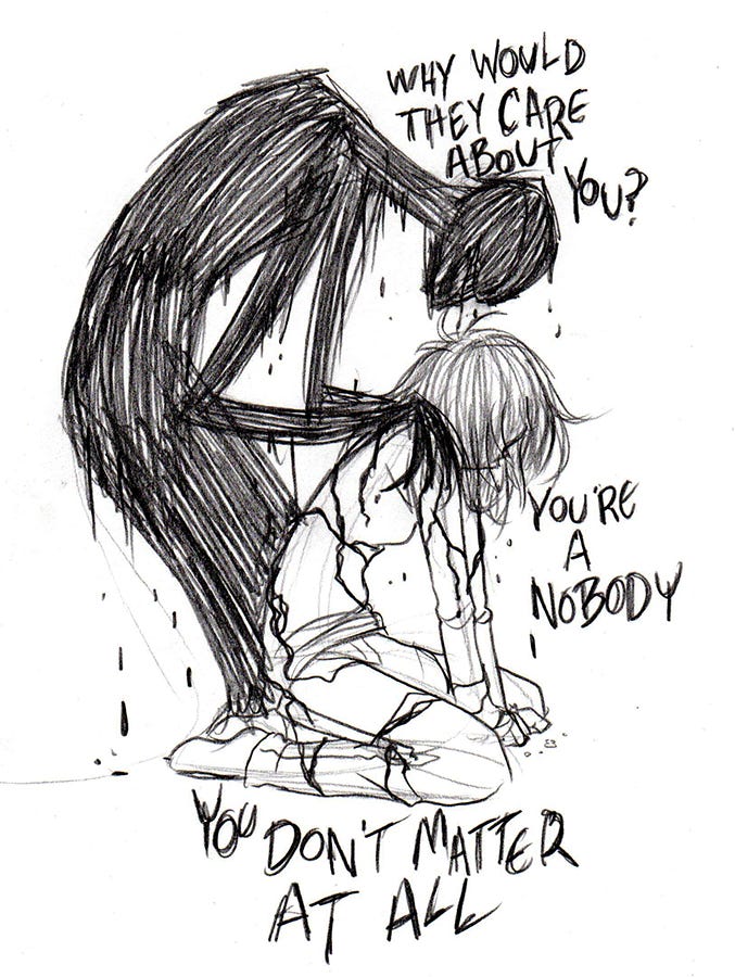 A demon-like person holding the neck of a person self-loathing telling them they aren't good enough.