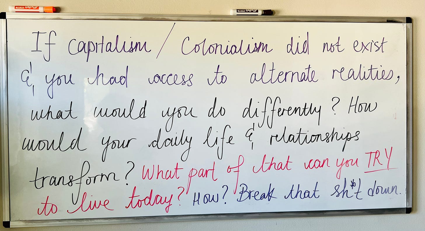 A whiteboard with Ayesha’s writing that says “If colonialism and capitalism did not exist and you had access to alternate realities, what would you do differently? How would you daily life and relationships transform? What part of that can you try to live today? How? Break that shit down.”