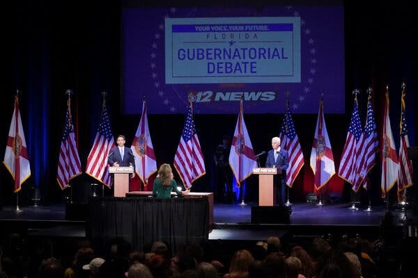 Gov. Ron DeSantis and Charlie Crist debated on Monday night in Fort Pierce, Fla., an event that was postponed earlier in the month after Hurricane Ian struck the state.