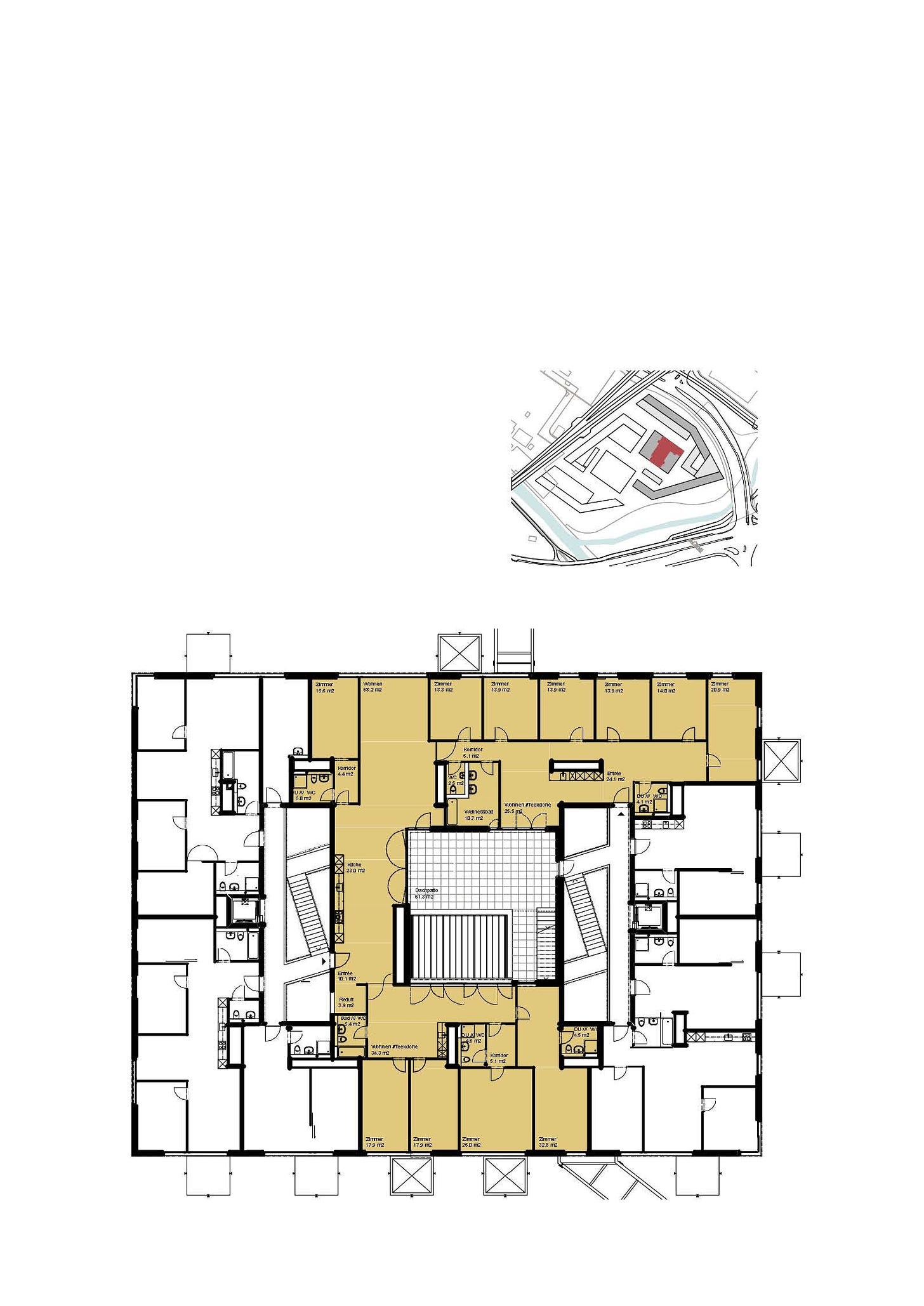 Figure 6. Zwicky Süd was completed in 2015, designed by Schneider Studer Primas, selected through an invited competition process. The project includes a single extra-large apartment. Its multiple entries, kitchens, bathrooms, and central patio allow like-minded individuals to share generous amenities while ensuring their privacy, as this floor plan shows. Courtesy of Bau- und Wohngenossenschaft Kraftwerk1.