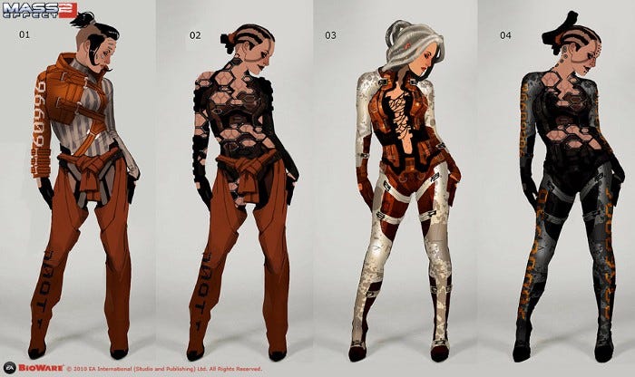 Video game assets that are highly detailed and modeled. These images are very highly detailed, with faces, poses, and 4 different sets of clothing and colors being fully on display.