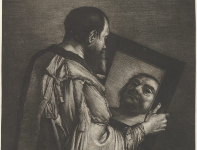 Illustration of Socrates looking into a mirror.