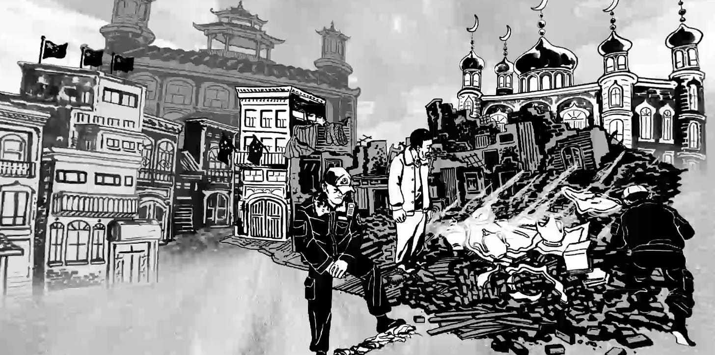 Illustration of a destroyed and transformed town in Xinjiang
