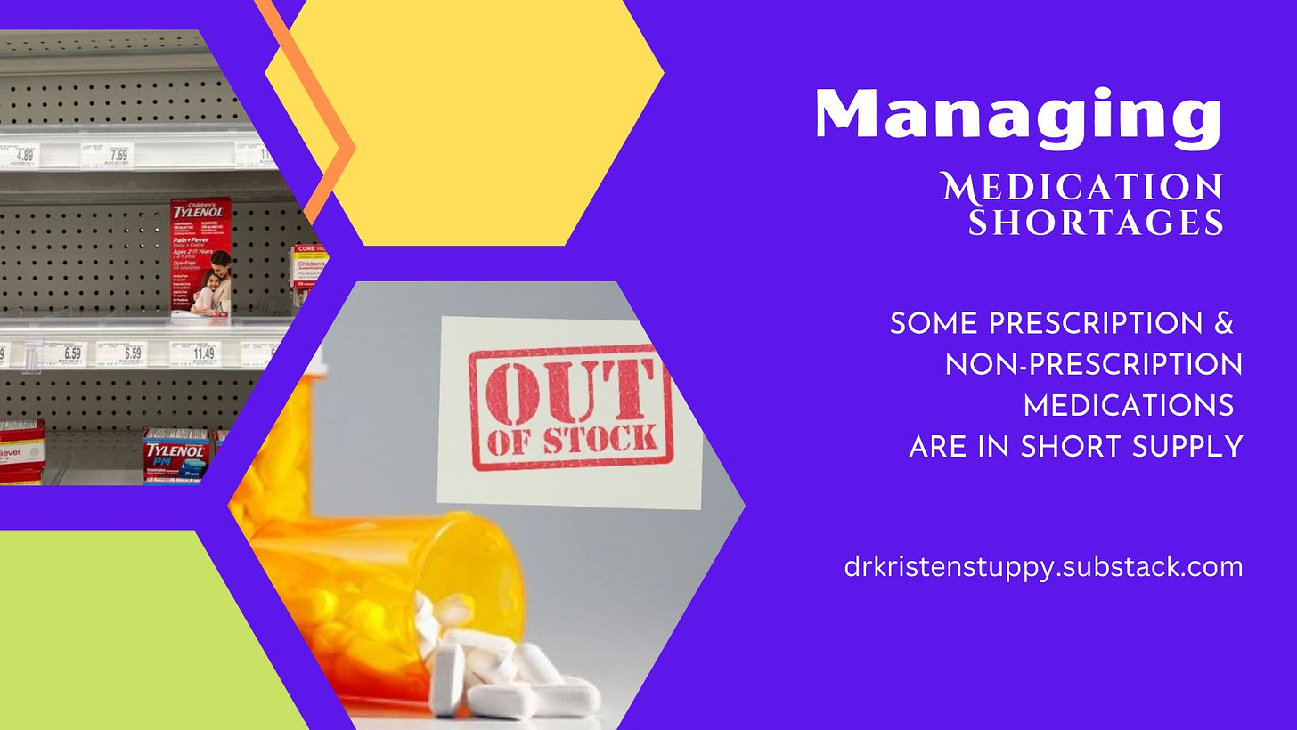Purple background with hexagon shapes, one yellow, one green, one with a picture of a few boxes of Tylenol but a mostly empty store shelf, the other with an out of stock sign and a prescription pill bottle spilling onto the table. The title reads, Managing Medication Shortages. Some prescription and non-prescription medications are in short supply. drkristenstuppy dot substack dot com