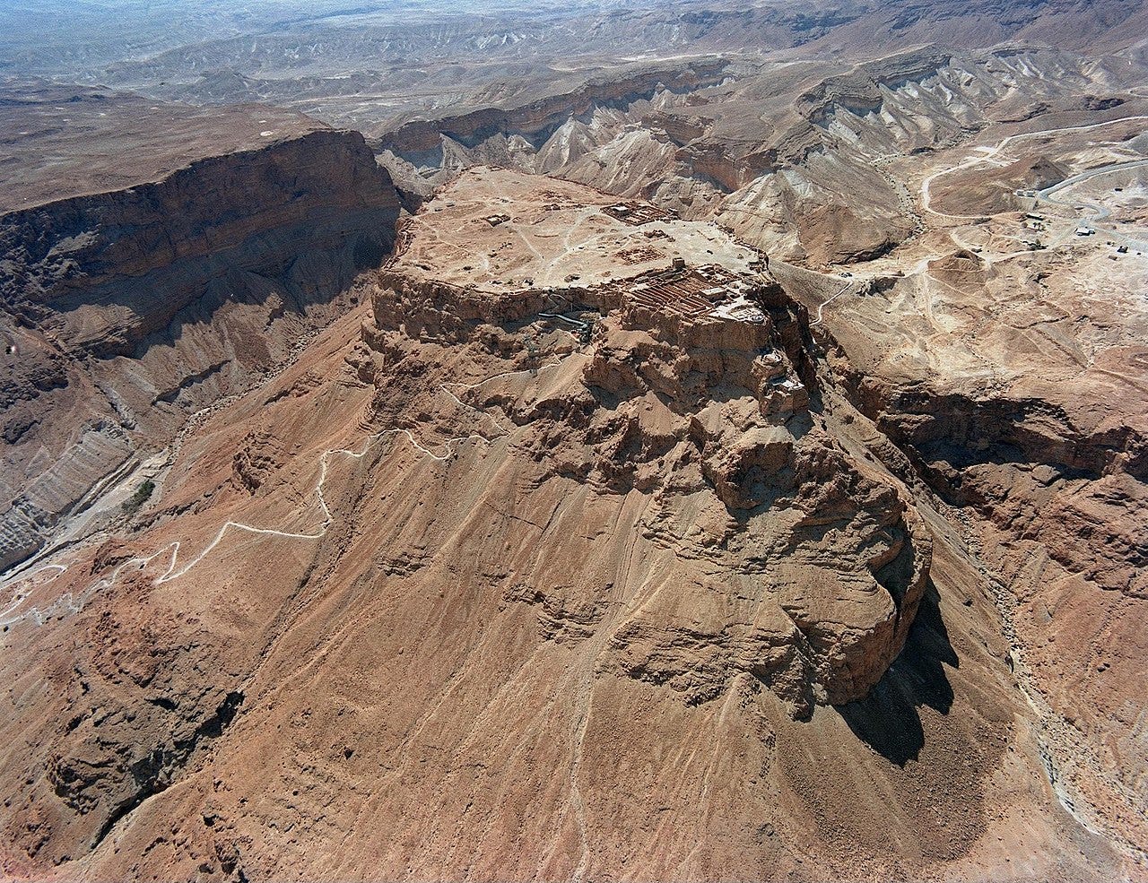 Aerial view showing Masada and the Snake Path from the northeast