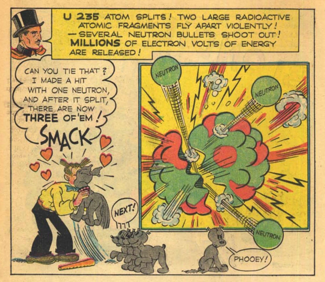 Panel from comic, Dagwood Splits the Atom, in which our intrepid hero Dagwood indeed splits the atom and then promptly kisses a dog on the lips.