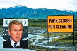 Alaska’s Denali National Park is seen, with President George W. Bush in an inset photo