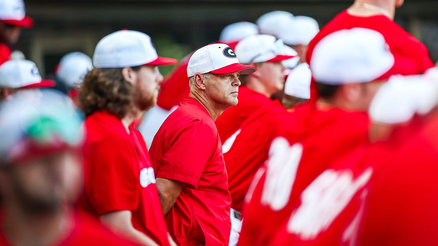 Ike Cousins Head Baseball Coach Scott Stricklin during an exhibition against the Ontario Nationals at Foley Field in Athens, Ga., on Tuesday, Sept. 28, 2021. (Photo by Tony Walsh)