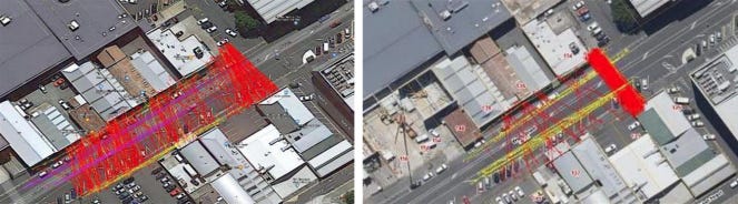 The image shows two aerial views of a section of Ward Street in central Kirikiriroa. Both have red lines crossing the street representing where people cross. The left image has a lot of lines all over the street. The right image has a similar number of lines but they are condensed at one crossing point.