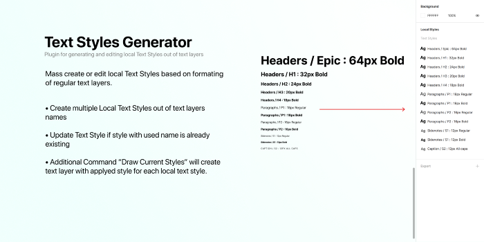 A sample image of a Text Styles Generator Community plugin for Figma. Different headers and text sizes are shown as visuals, with an arrow pointing to the styles on the right.