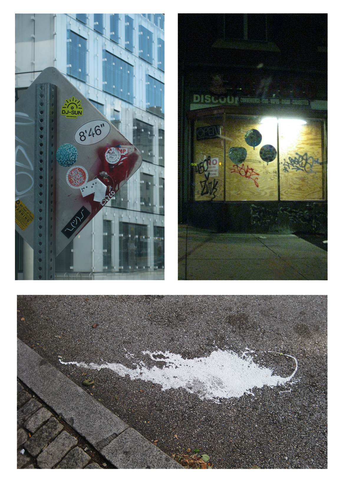 collage of three images, one of a stickered street sign, one of a store window at night, one of a paint splotch on pavement.