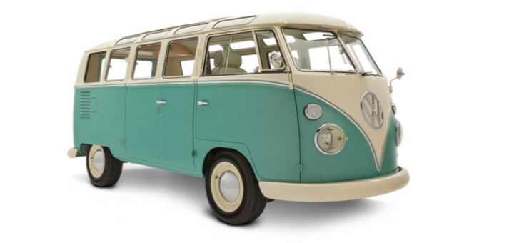 A vintage white and aqua VW bus