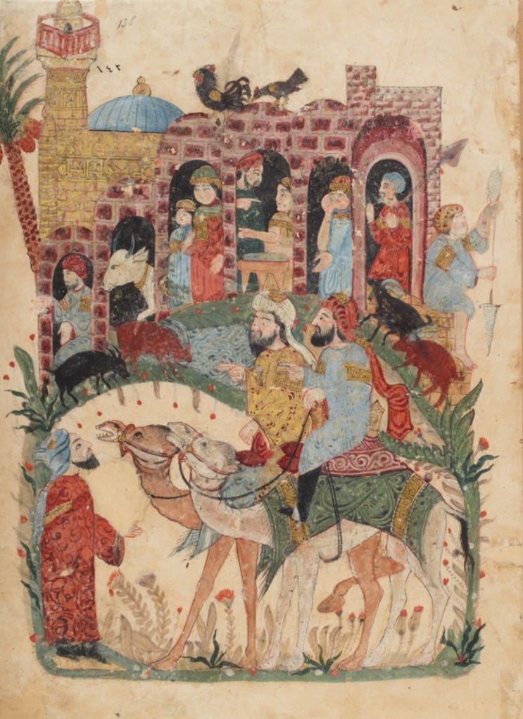 13th-century market scene, showing craftspeople, traders, and animals (BnF, MSS, Arabe 5847).