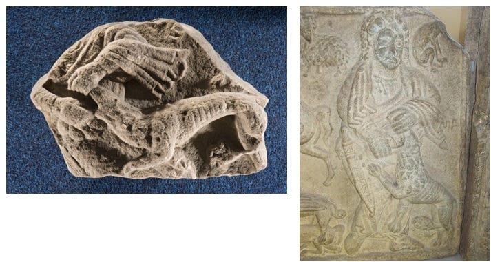 Two very similar carvings of the biblical King David rending the jaws of the lion - the one on the left on a fragment discovered at Kinneddar, and the one on the right from the St Andrews Sarcophagus, a coffin or shrine that may have held the body or relics of Pictish king Onuist son of Uurguist. The carvings are very similar, each showing a skinny lion with its ribs prominent, and classical folds of drapery at David's sleeve.