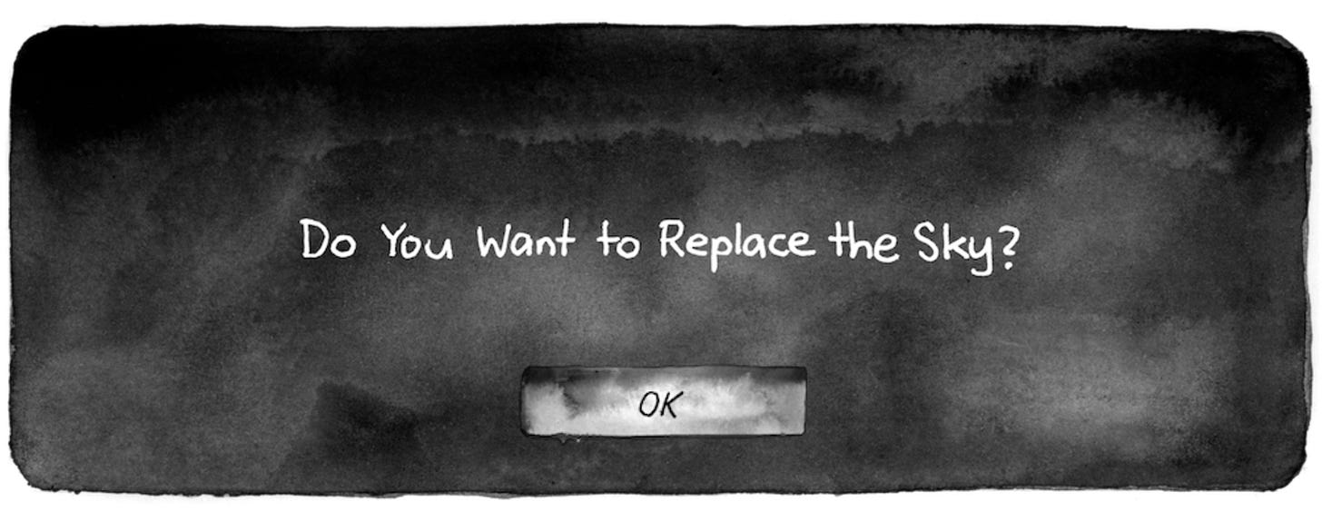 Panel from Matt Huynh’s comic, a stylized computer prompt reading “Do You Want to Replace the Sky?” with an OK button.