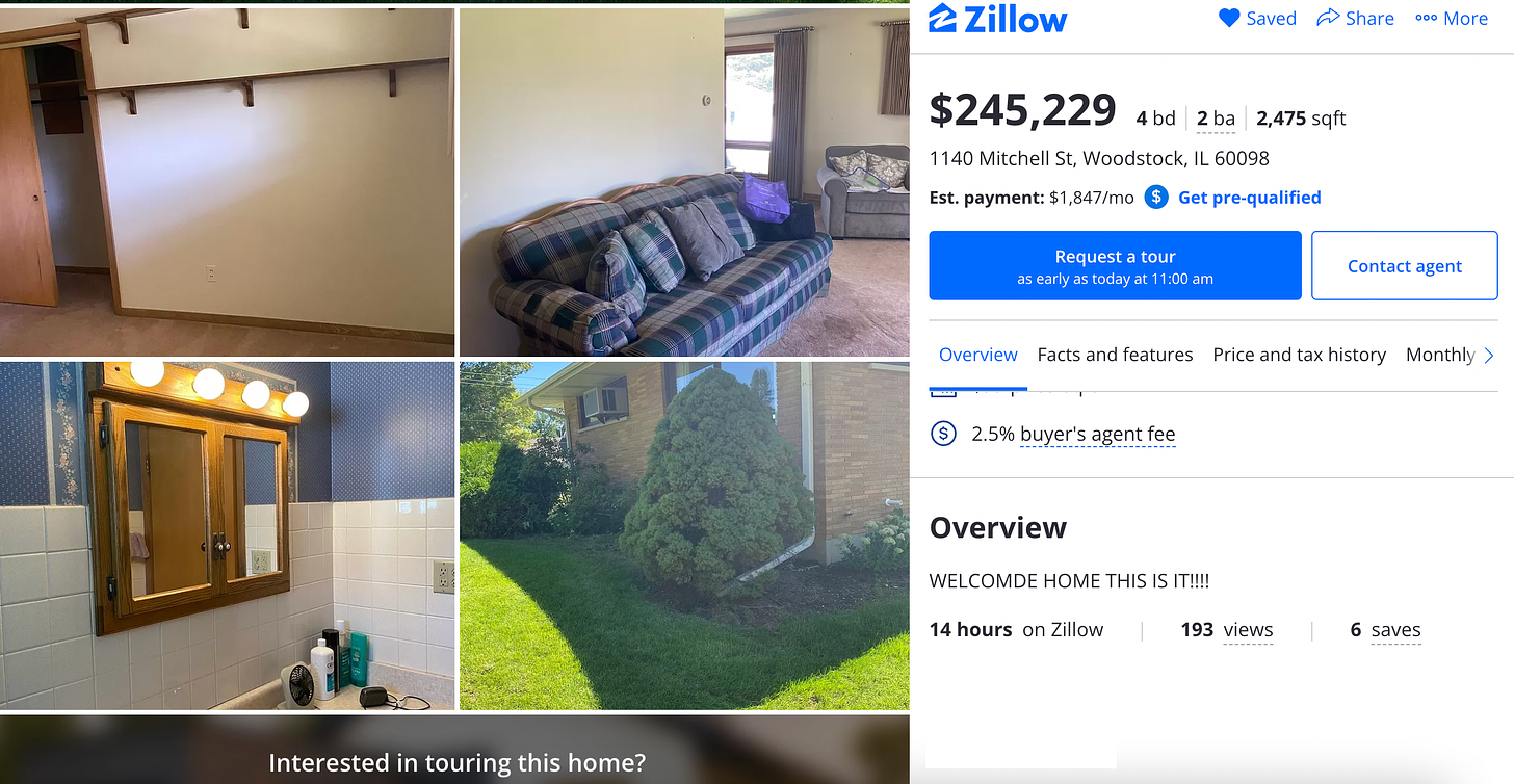 Interior shots of a Zillow listing of random items; empty shelves, an ugly plaid couch, and an oak bathroom mirror, and a pointy bush outdoors ¯\_(ツ)_/¯ 