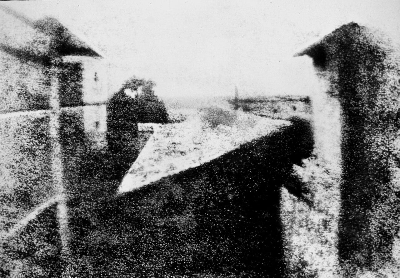View from the window at Le Gras (1825), the earliest surviving photograph.