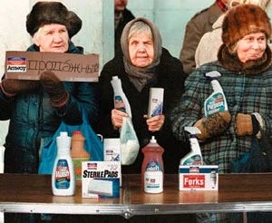 Russian citizens set up a makeshift Amway table on the streets of St. Petersburg.