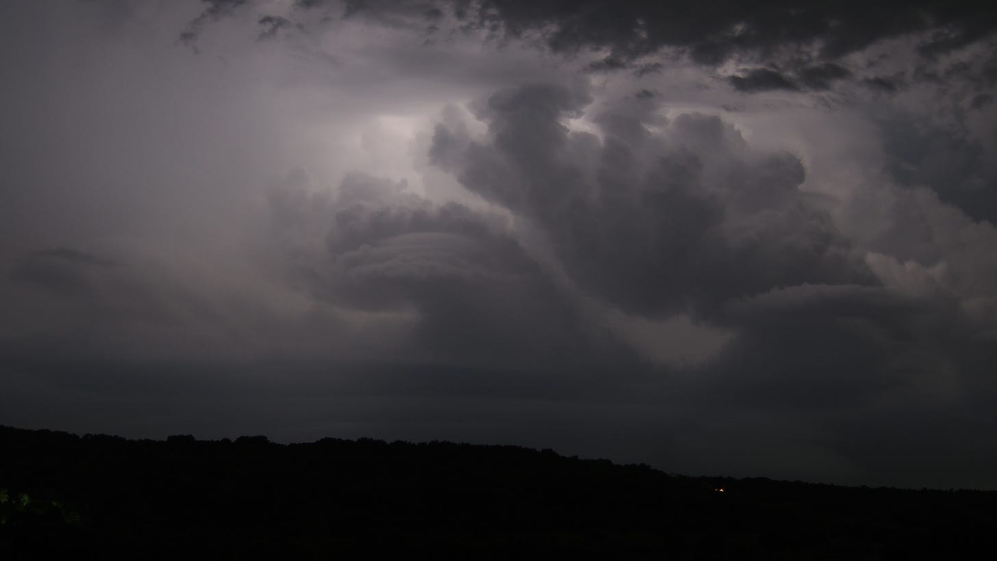 r/meteorology - nighttime thunderstorm lit from within: this was a very dynamic, complex, rapidly changing storm
