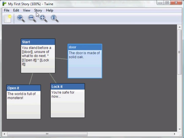 Window showing the Twine application, with various boxes of text linked together by lines.