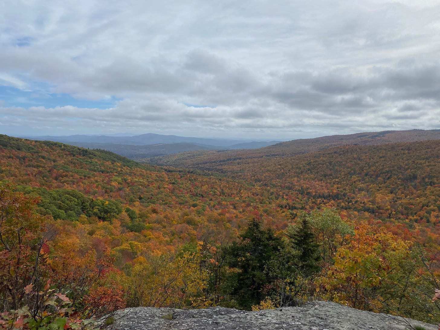 A mountain vista, looking out on hills carpeted with red, gold, and orange leaves. Blue mountains are visible on the horizon, and the sky is filled with white and grey clouds.