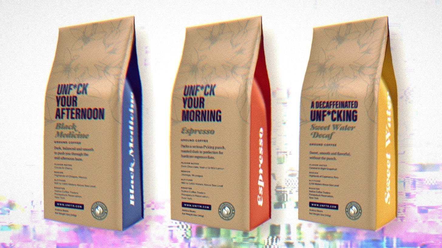 Unf*cking Coffee Bags lined up with a glitchy abstract image in the background